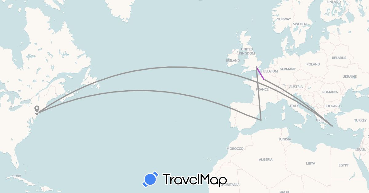 TravelMap itinerary: driving, plane, train in Spain, France, United Kingdom, Greece, United States (Europe, North America)